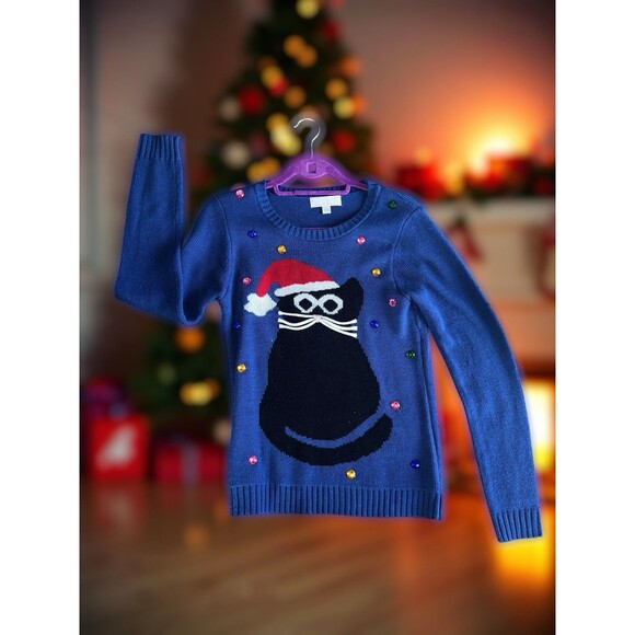 Carolyn Taylor Ugly Christmas Sweater Small Navy Cat Santa Beaded Festive Y2K - Picture 1 of 14